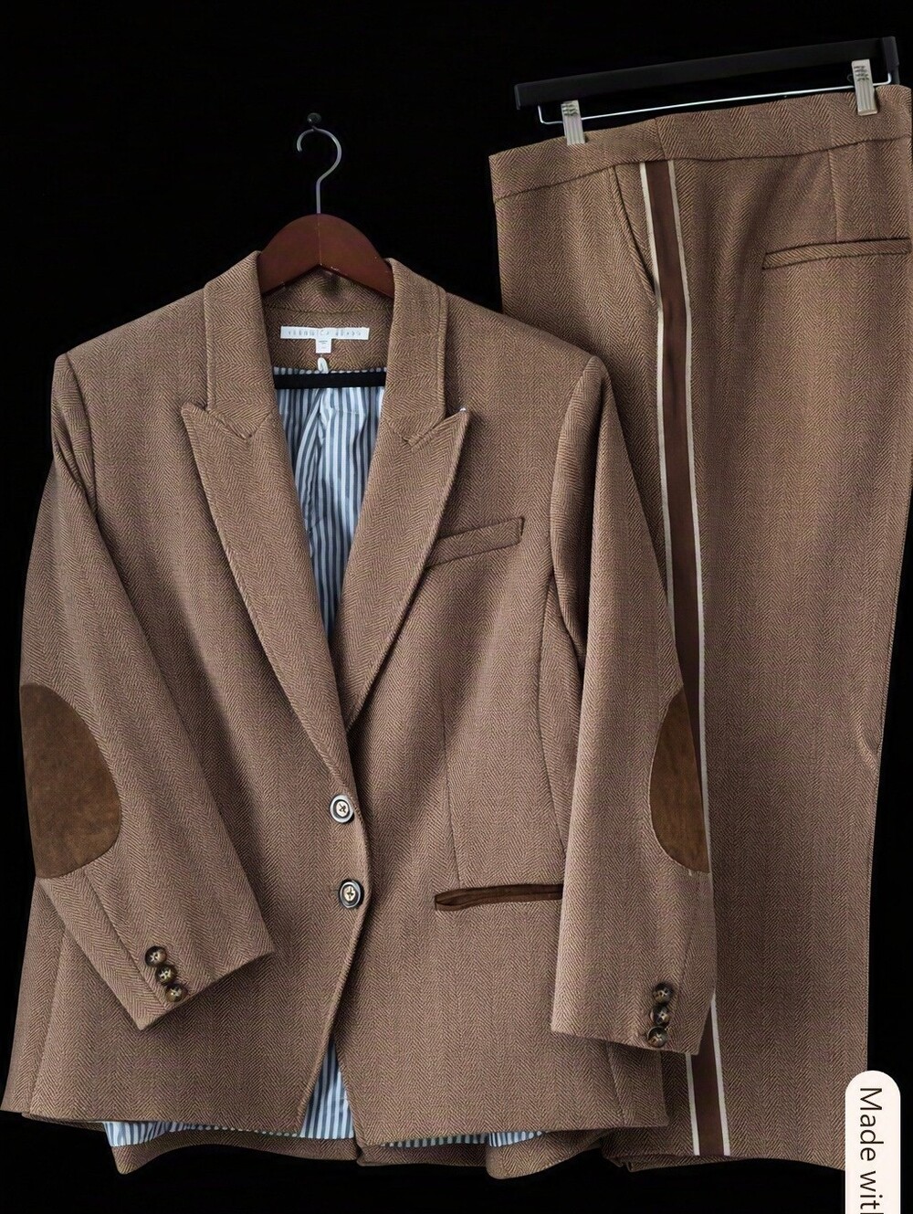 Veronica Beard Hudson Blazer Stila Pants Suit Set Tan Herringbone 20 USA